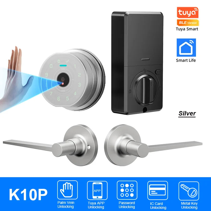 Silver Tuya Smart BLE version palm vein recognition smart deadbolt door lock and hardware kit