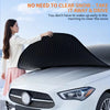 A woman is shown placing a black universal all-season car windshield cover onto a white car.
