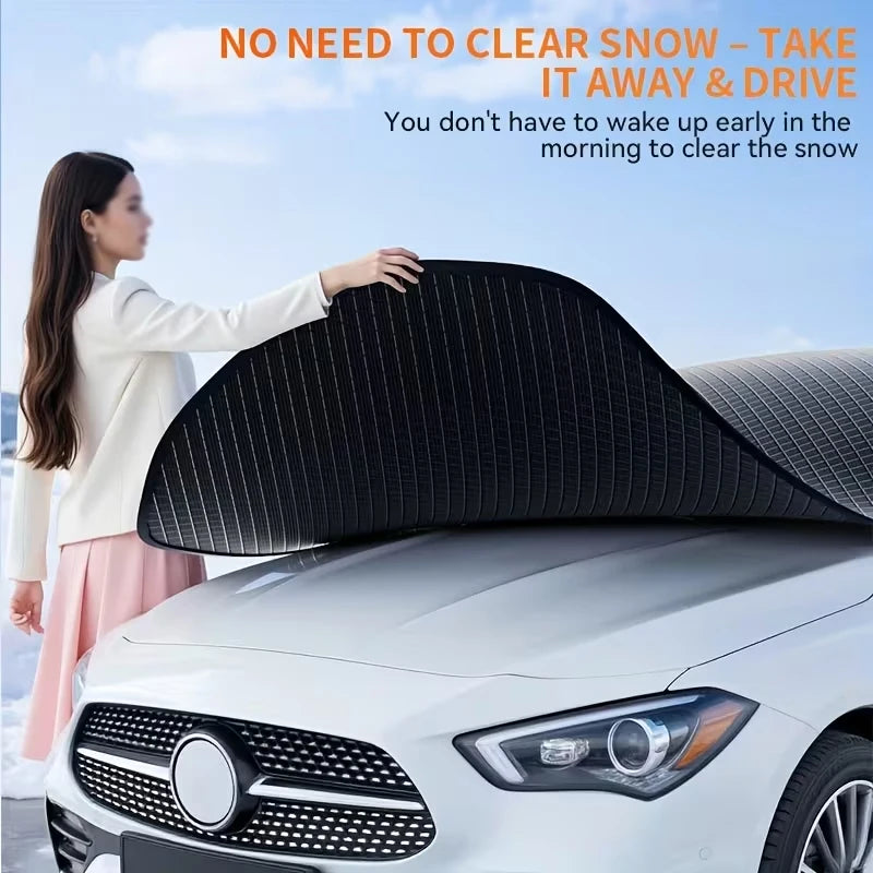 A woman is shown placing a black universal all-season car windshield cover onto a white car.