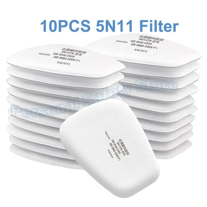 A stack of ten 5N11 filters, white in color, used for half-face respirators and safety goggles.