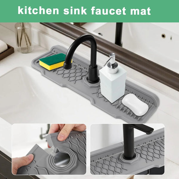 A silicone kitchen sink faucet mat used as a splash guard and drying pad for sinks.