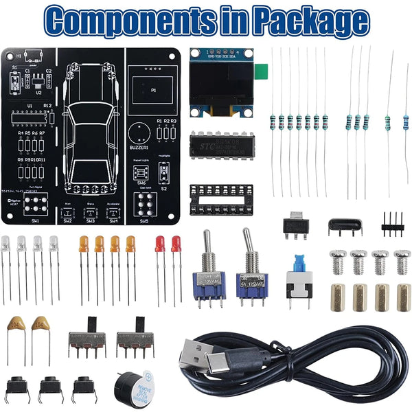 Electronic kit components for a car driving simulation including circuit boards, sensors, and wiring.