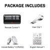 Package includes a remote control, visor clip, battery, and English manual for a universal garage door opener.