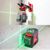 A red and black professional laser level tool is shown mounted on a white wall, with a green laser line visible.