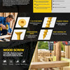 A set of yellow wood screws is shown next to various tool tips and a wooden deck project.