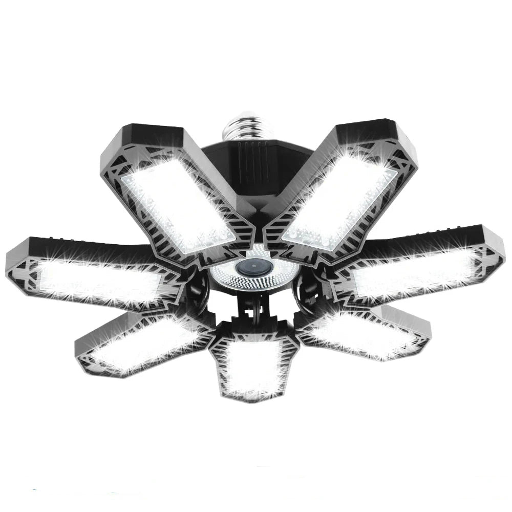 A multi-light LED garage lighting fixture with an octagonal design and a central mounting point.