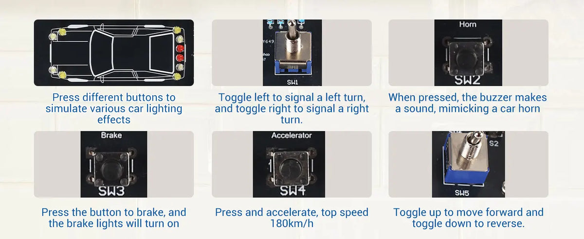 Electronic kit with buttons to simulate car lighting effects, brake function, accelerator, and reverse control.