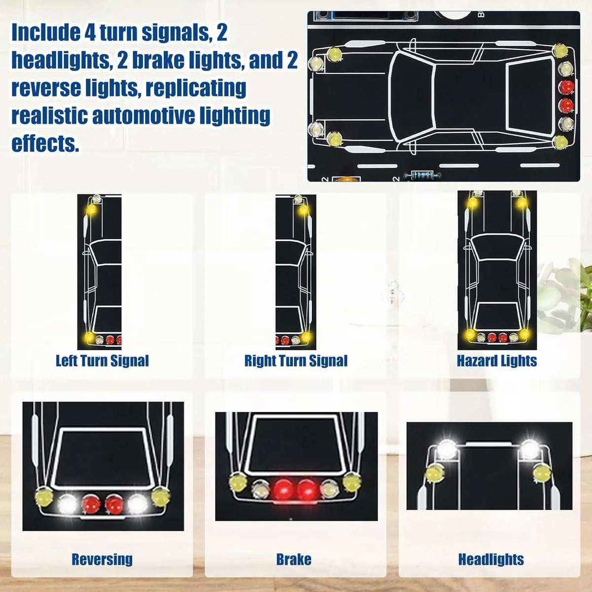 Electronic kit with 4 turn signals, 2 headlights, 2 brake lights, and 2 reverse lights for realistic automotive lighting effe