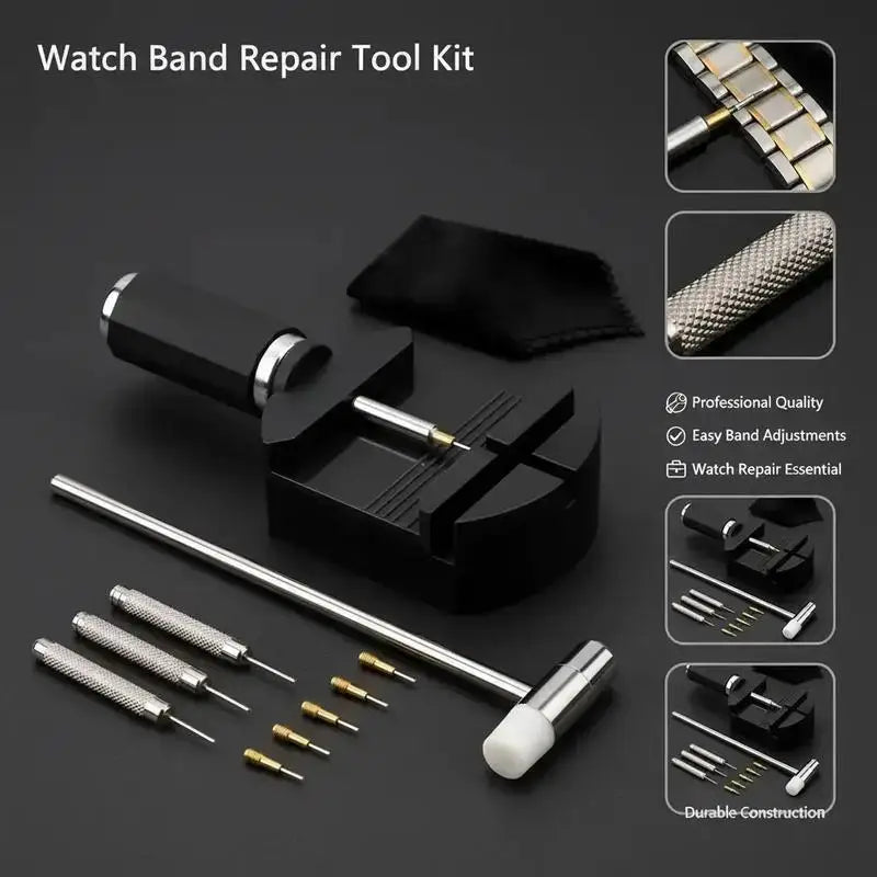 A set of watch band repair tools including pliers, cutters, and adjustment tools for easy watch band linkage removal.