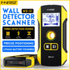 A yellow FNIRSI Wall Detector Scanner device with a display and buttons, shown next to its packaging.