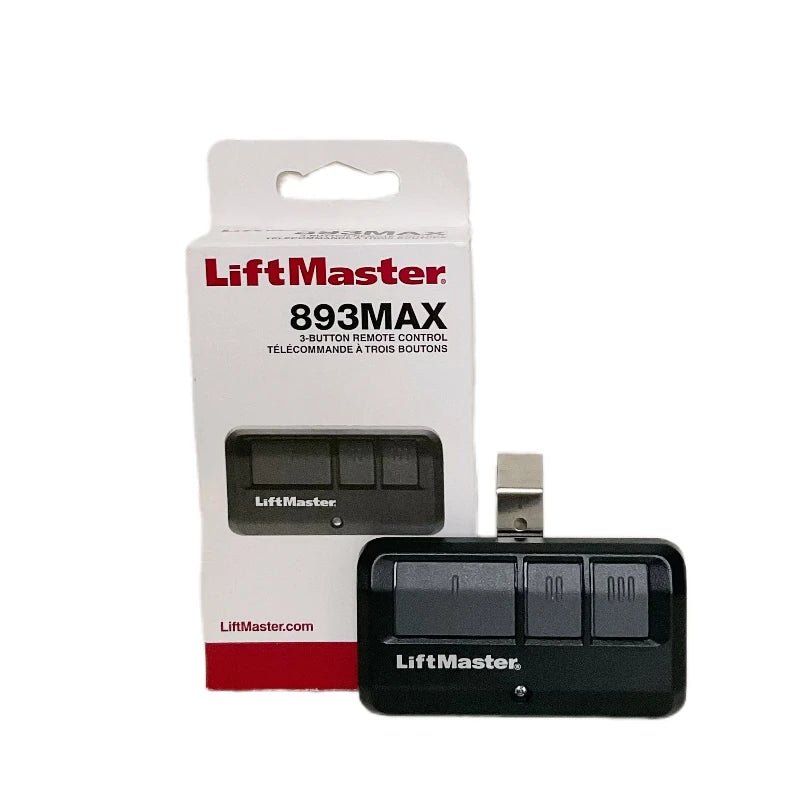 LiftMaster 893MAX 3-button remote control transmitter with packaging and device.