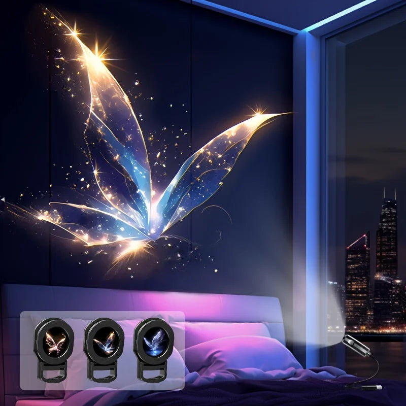 Luz proyector USB LED multicolor ilumina un dormitorio con luz púrpura suave y diseño de mariposa brillante.