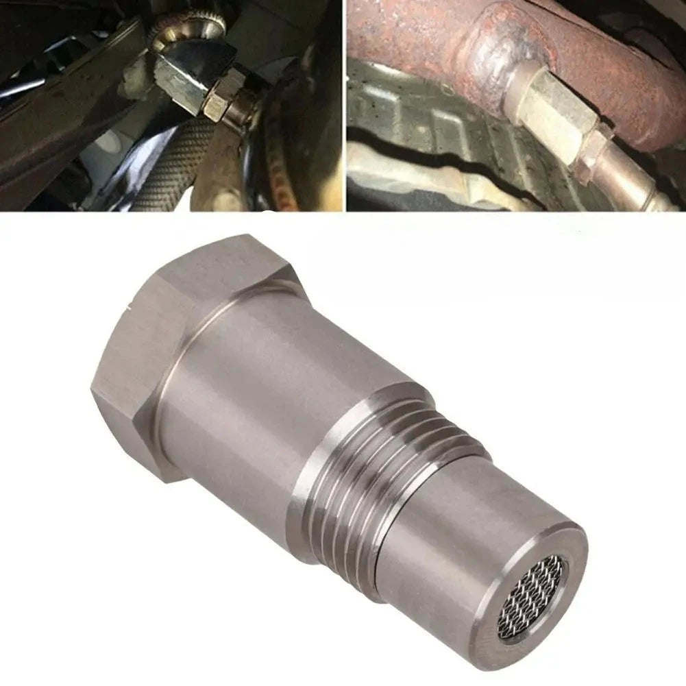 A metallic stainless steel oxygen sensor with a threaded body and a perforated tip.