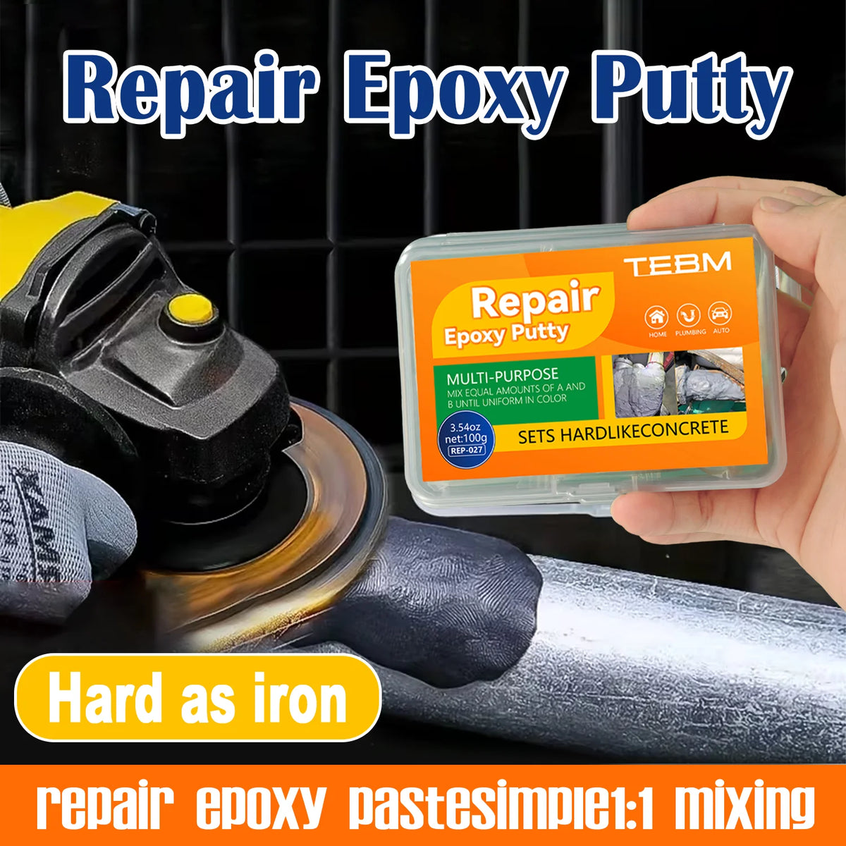 A hand holds a tube of epoxy putty and an applicator tool for repairing cracks and leaks.