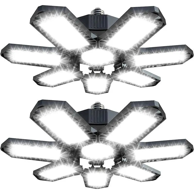 A modern adjustable LED garage lighting fixture with multiple bright bulbs.