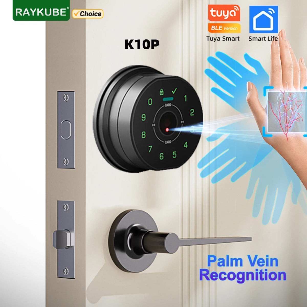 A close-up of a Raykube K10P smart deadbolt door lock with palm vein recognition technology installed on a door.