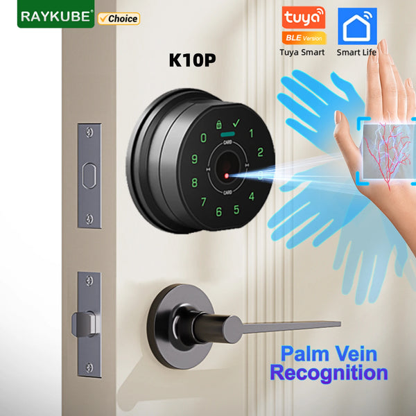 Primer plano de una cerradura de seguridad inteligente Raykube K10P con tecnología de reconocimiento de venas palmares instal