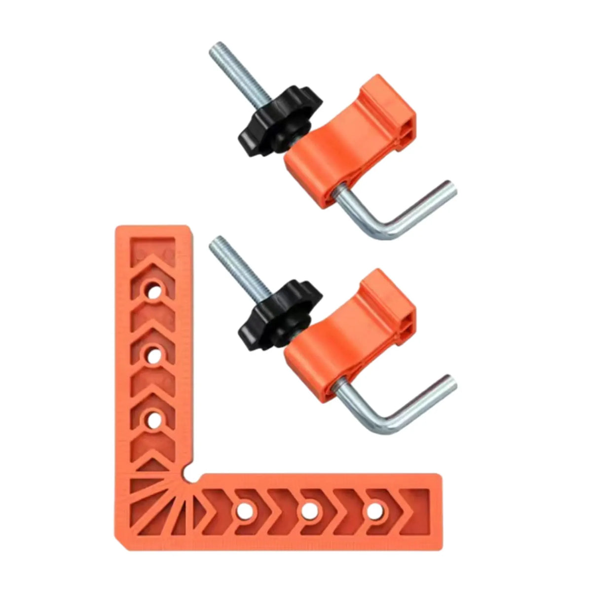 A set of orange and silver 90 degree precision corner clamps for woodworking.