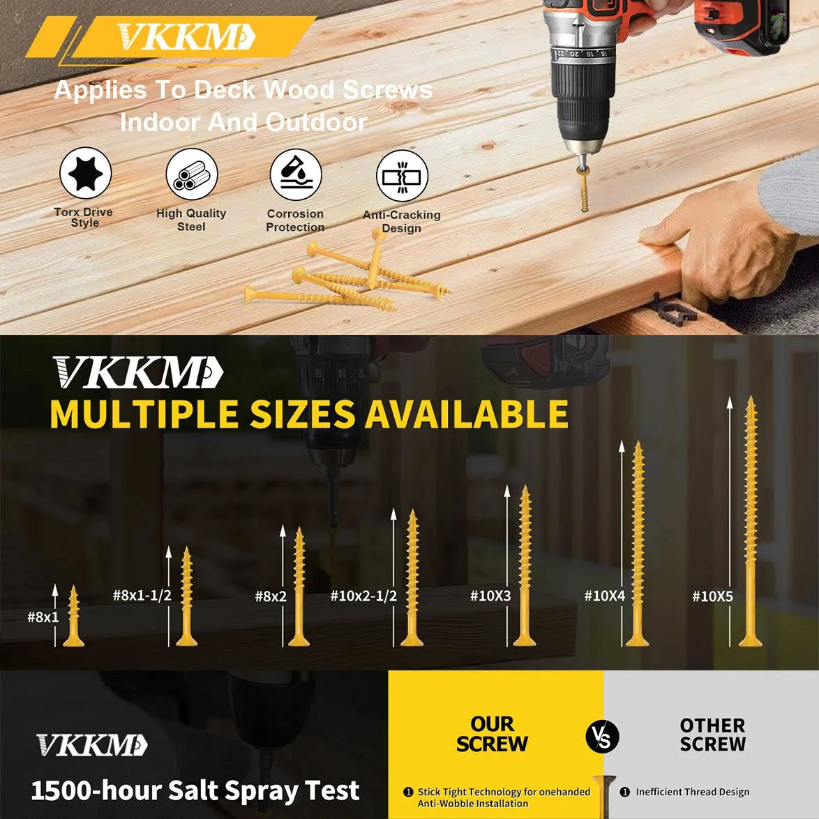 A close-up of VKKMD deck wood screws and various sizes being used for indoor and outdoor projects.