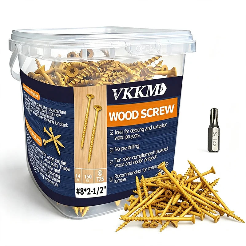 A clear plastic container filled with wood screws and a package of rust-resistant deck and fence screws.