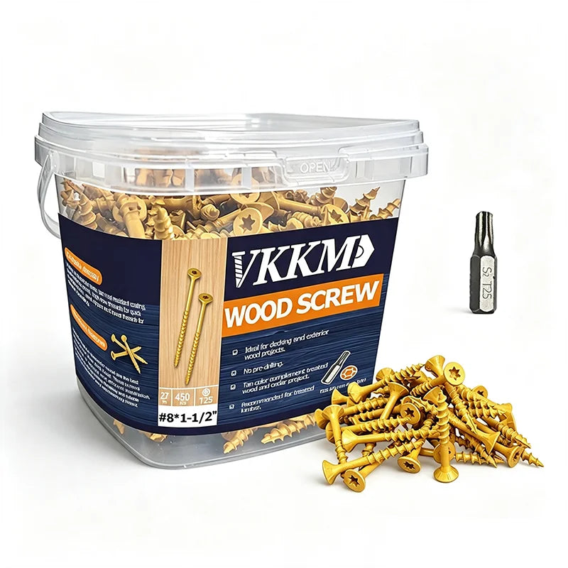 A clear plastic container holds a bulk quantity of gold-colored wood screws and a bottle of oil.
