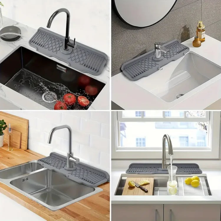 Un cache-éclaboussures et un essoreur en silicone pour évier de cuisine, montrés dans divers contextes, y compris un évier en