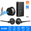 Black smart deadbolt door lock with a key cylinder and a door strike plate, featuring palm vein unlocking.