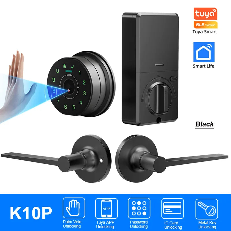 Black smart deadbolt door lock with a key cylinder and a door strike plate, featuring palm vein unlocking.