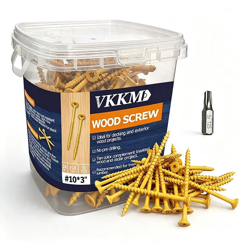 A clear plastic container filled with wood screws and a bottle of wood screw oil.