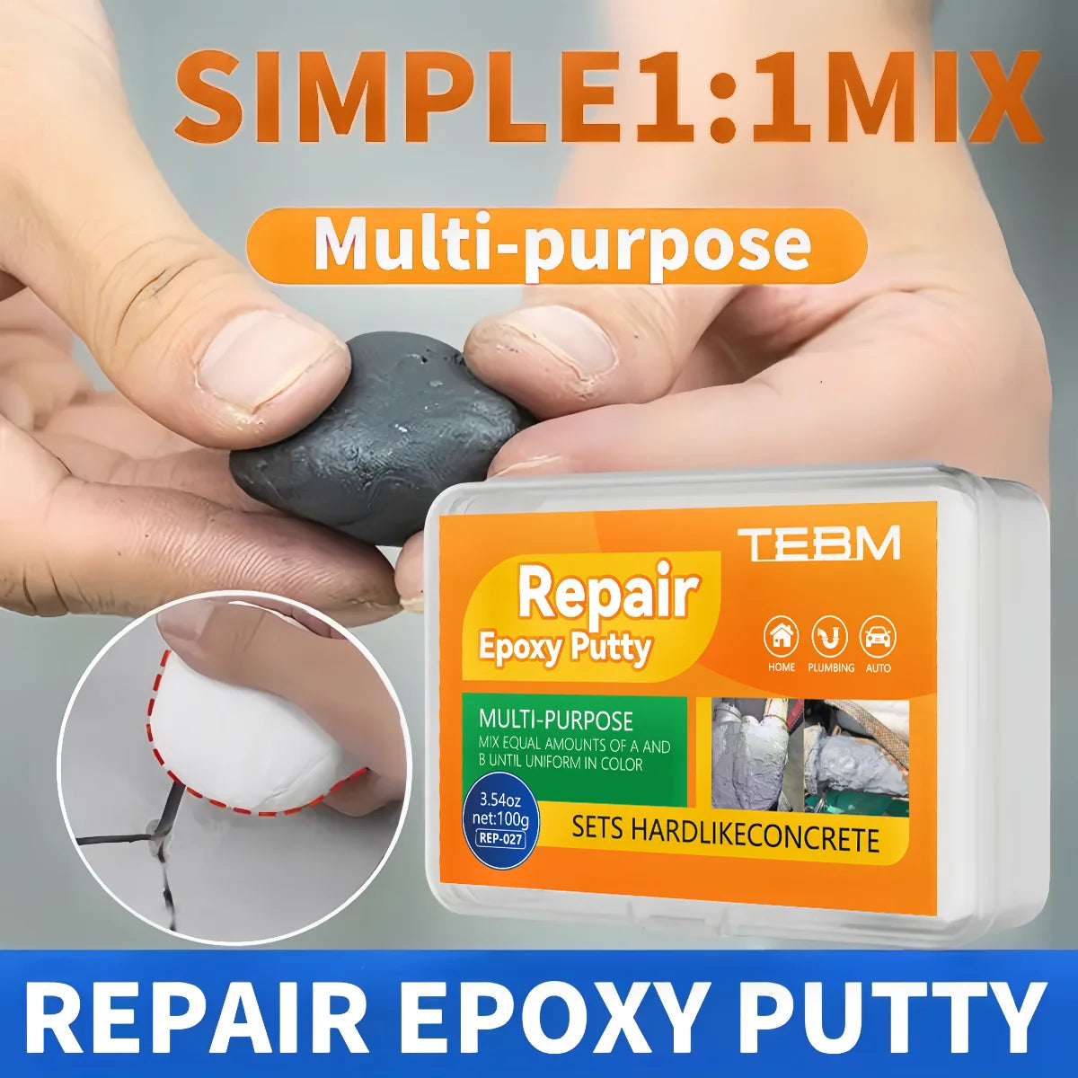 A hand holds a gray epoxy putty stick, demonstrating its multi-purpose use for repairing cracks and leaks.