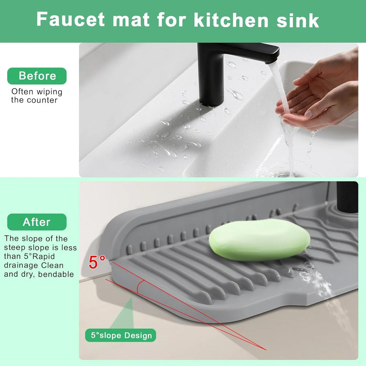 Un tapis de robinet en silicone pour évier de cuisine montrant avant et après utilisation, mettant en évidence une conception