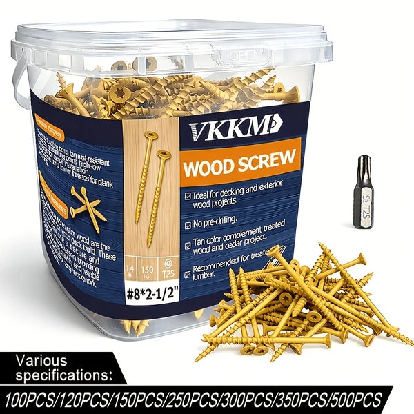 A clear plastic container filled with gold-colored wood screws and a pile of loose screws.
