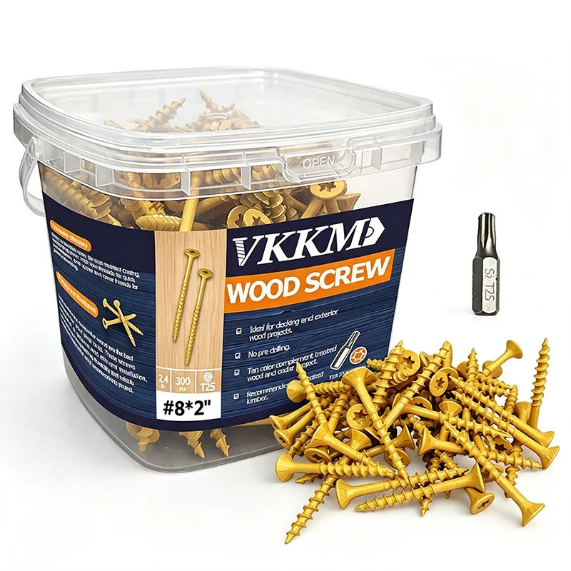 A clear plastic container holds wood screws and a pile of brass wood screws.