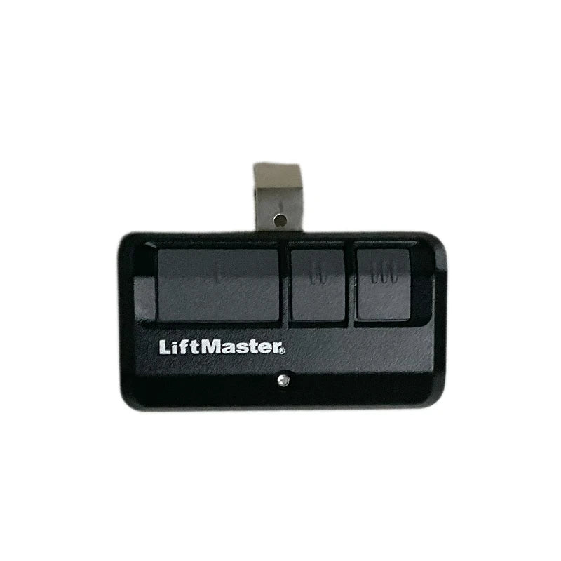Black LiftMaster garage door remote control transmitter with a silver mounting piece.