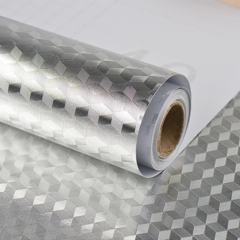 Roll of silver self-adhesive aluminum foil wall decals with a geometric pattern