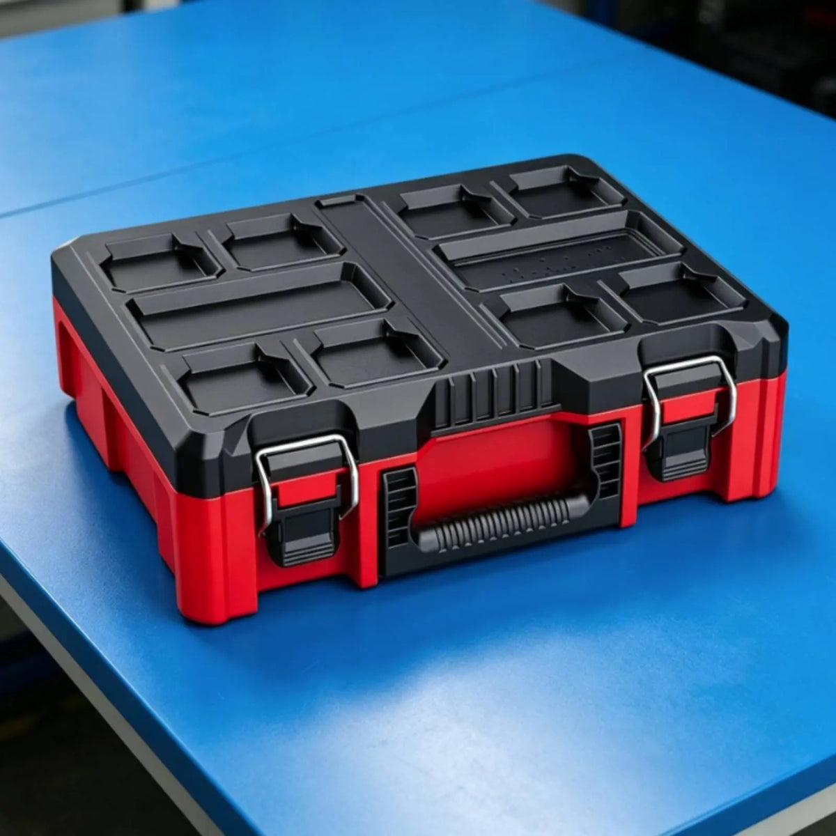 A red and black heavy duty modular tool storage case with a lid resting on a blue workbench.