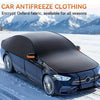 A black car is shown with a textured, dark fabric windshield cover installed in a snowy outdoor setting.