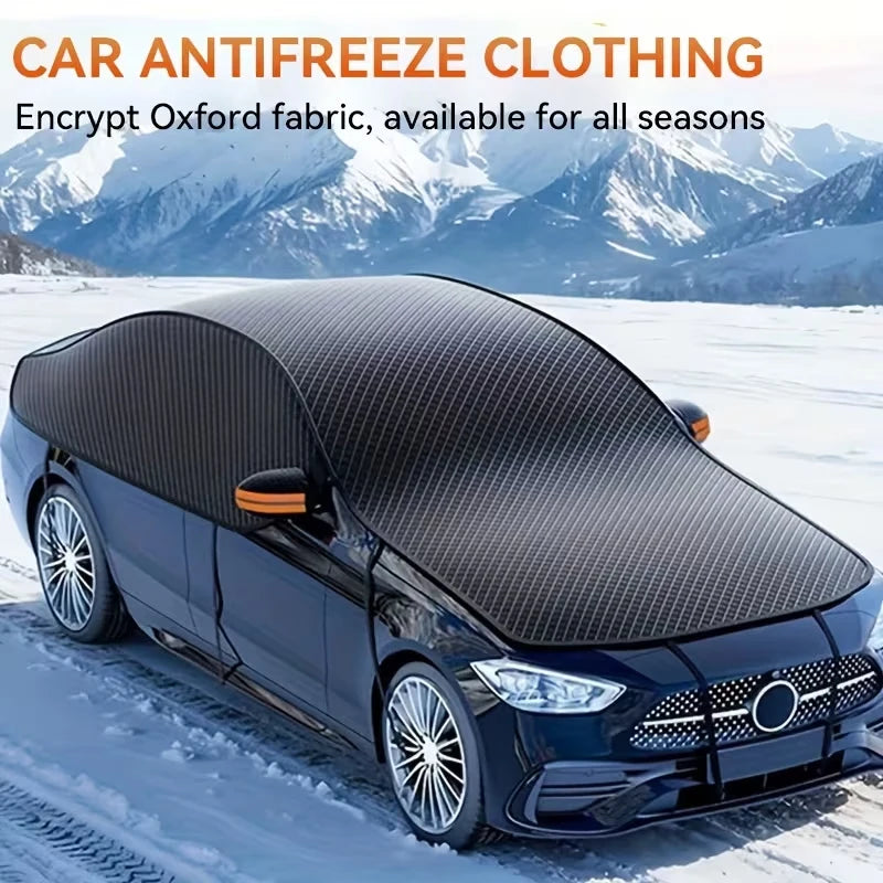 A black car is shown with a textured, dark fabric windshield cover installed in a snowy outdoor setting.