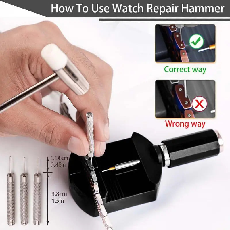 A hand demonstrates the correct and wrong way to use a watch repair hammer tool kit for link removal.