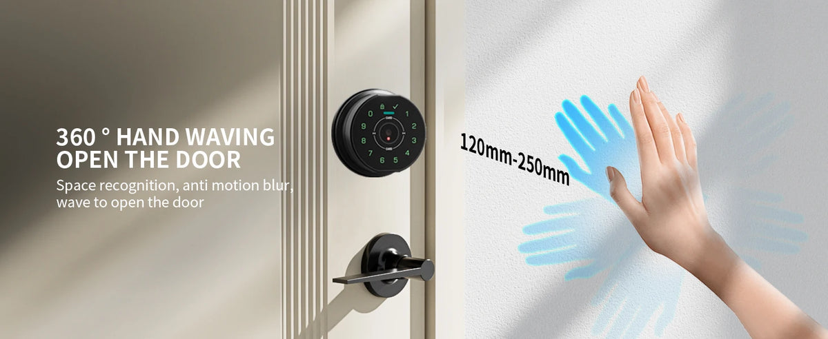 A hand is waving to open a door, demonstrating the 360 degree hand waving open the door feature of a smart deadbolt lock.