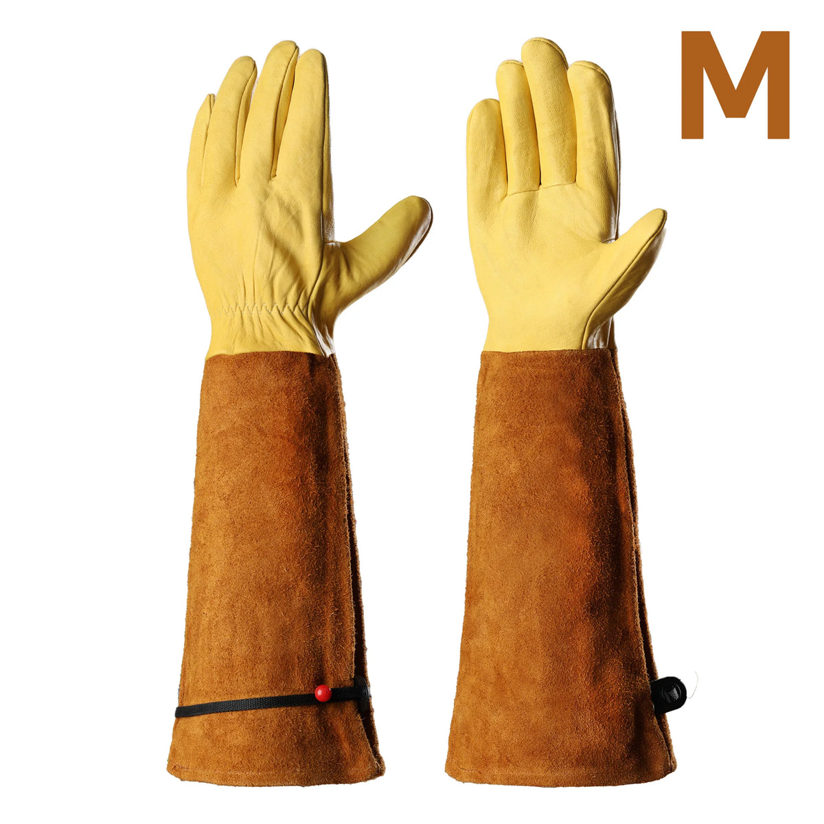 Une paire de gants de jardinage jaune moutarde avec des poignets marron et un logo M doré.
