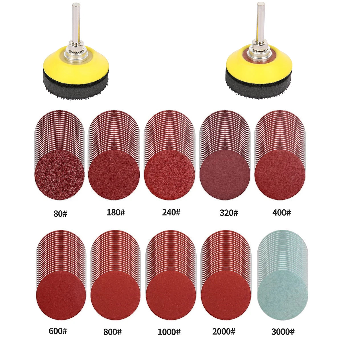 A collection of multi-grit alumina sanding discs in various shades of red and green, arranged in rows.
