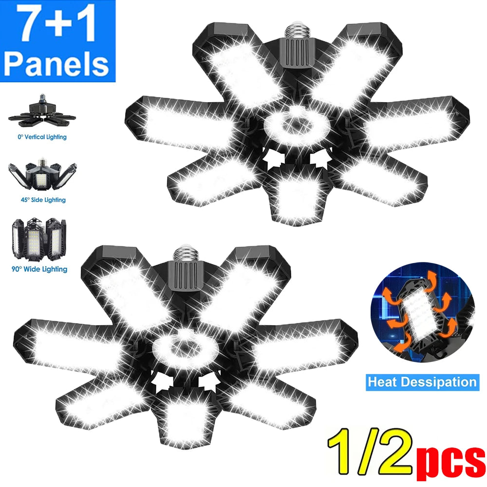A set of seven plus one panels of adjustable LED garage lighting bulbs with various light angles and heat dissipation feature