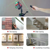 A professional laser level tool is shown with various mounting options including tile, stair, hanging, and countertop applica