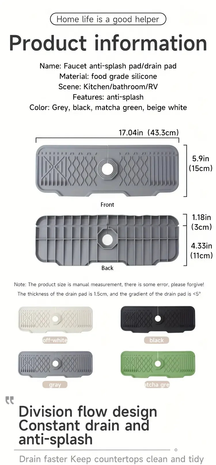 Tapis anti-éclaboussures/drain pour cuisine en silicone gris, noir et vert matcha
