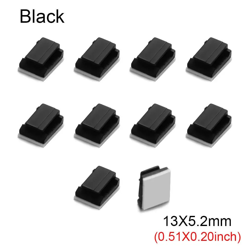 Black self-adhesive cable clips shown in various orientations and sizes.