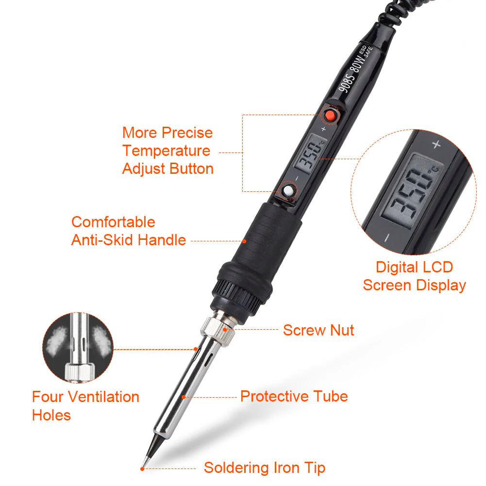 A black adjustable digital soldering iron with a protective tube, anti-skid handle, and precision temperature adjustment feat