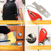 A portable keyless door lock in red and silver metal is shown with a key and a travel backpack.