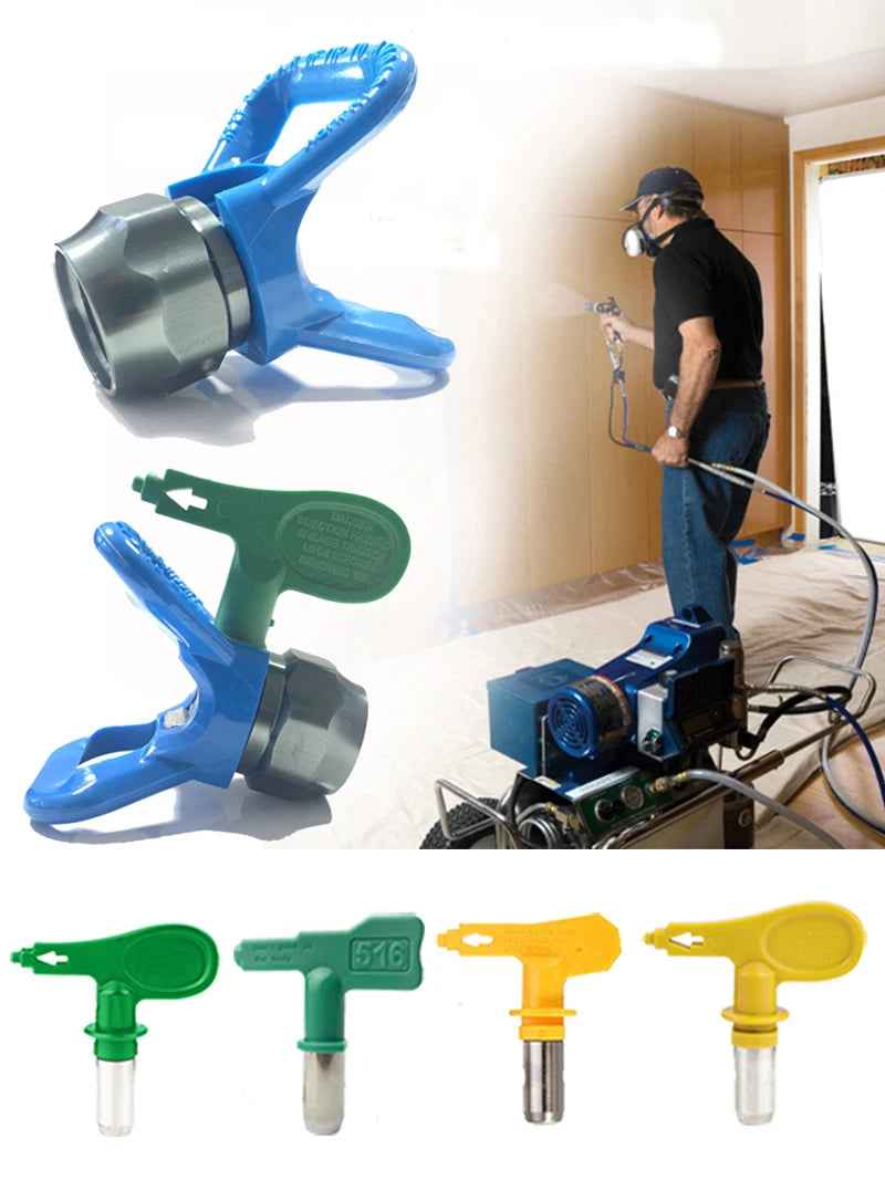 Varias boquillas y protectores de pulverizadores de pintura sin aire en colores verde, azul y amarillo mostrados individualme