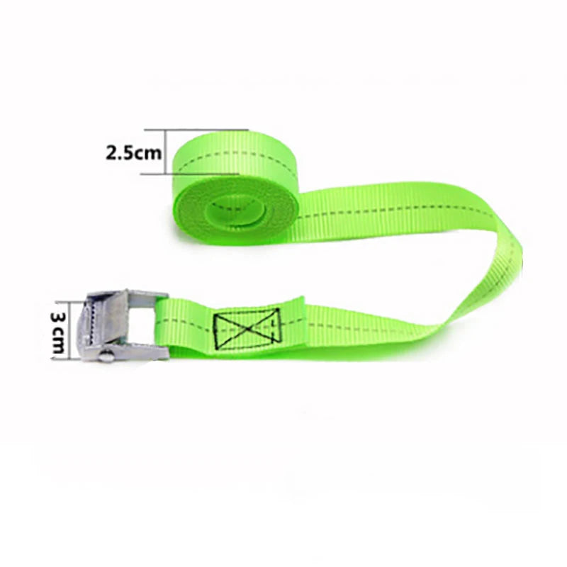 A bright lime green heavy duty buckle tie down strap with a measuring tape visible.